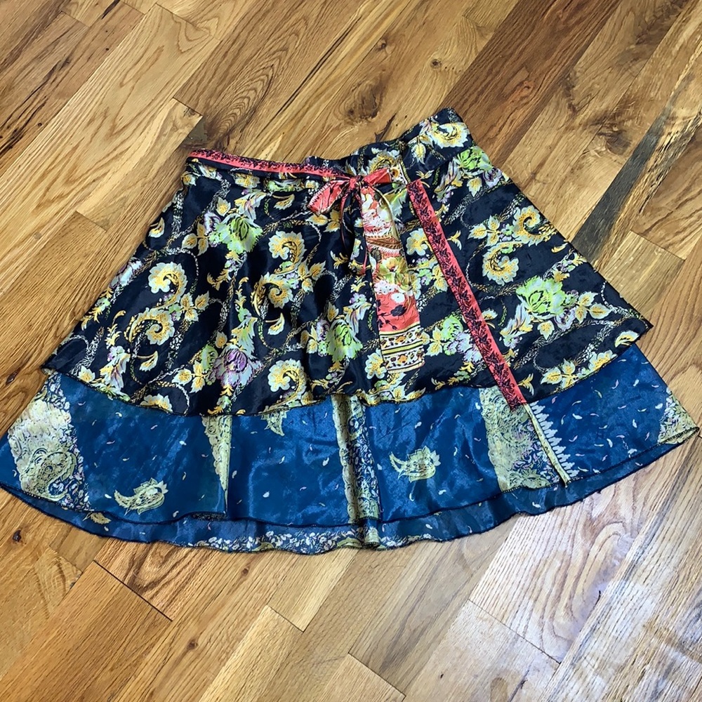 Bohemian Floral Tiered Wrap Skirt in Black and Teal